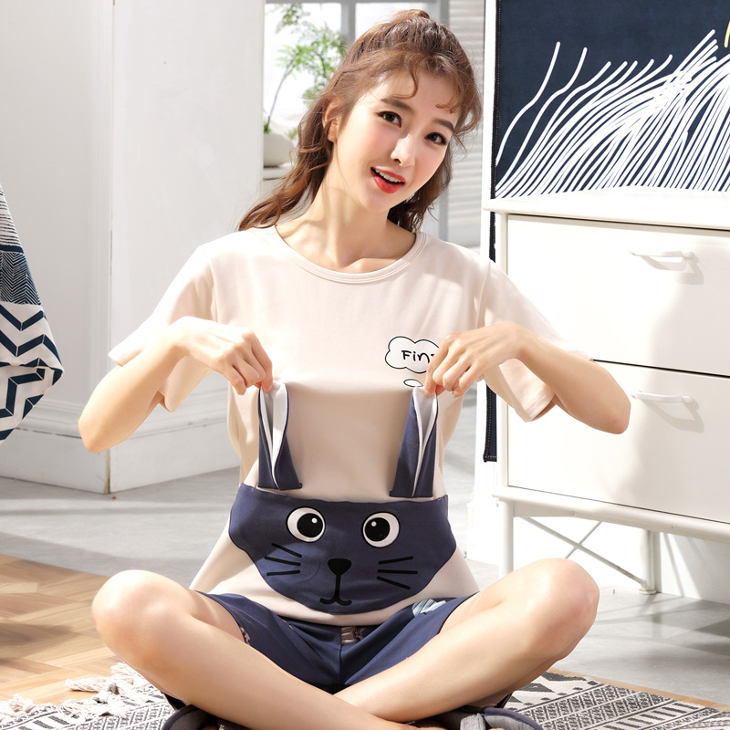 Tăng kích thước bộ đồ ngủ womens mùa hè bông tay áo ngắn mỏng dễ thương cộng với chất béo mm200 pounds lỏng lẻo bộ quần áo về nhà.