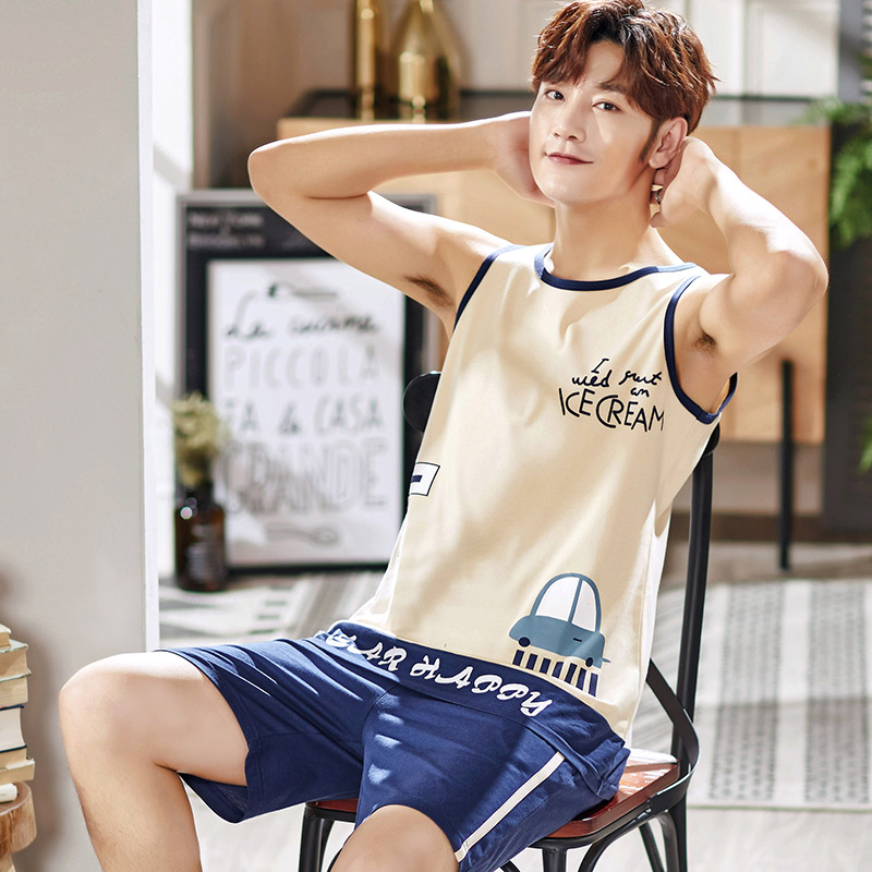 Bộ đồ ngủ Mens mùa hè không tay bông Vest Quần soóc Teen Home Mang Mens Summer mỏng kích thước lớn Set.