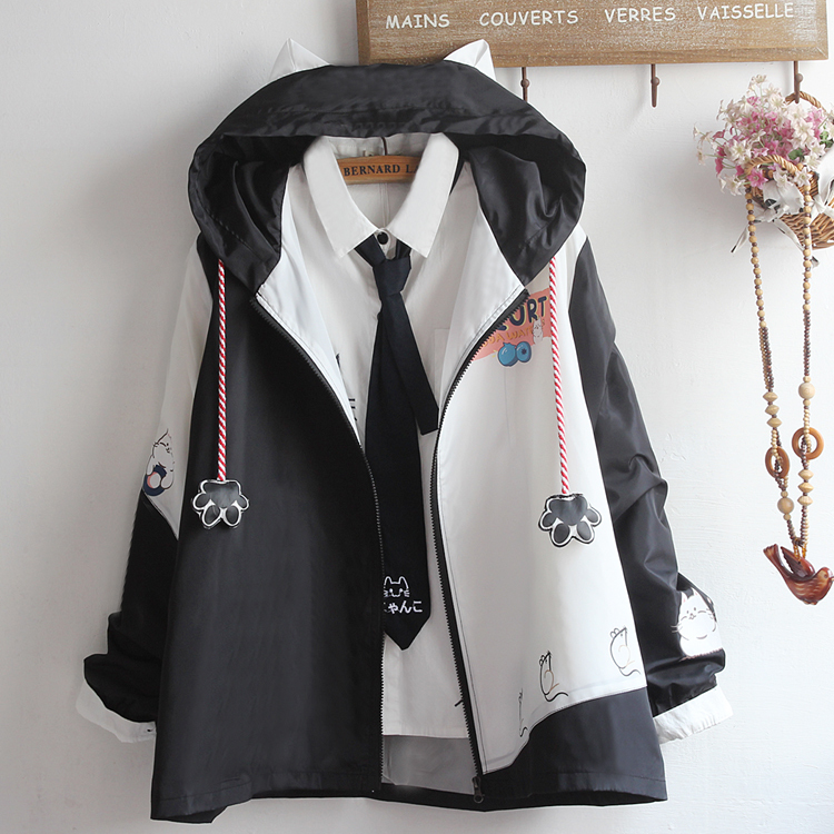 Cute Couple Boy and Girl Soft Girl Loose Spring and Autumn Outfit Student Ear Hooded Cardigan Age-Reducing Cat Color-Blocking Jacket