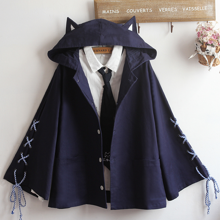 Unisex Cute Student Cape Spring and Autumn Coat with Tie, Devil Ears, Loose Bell Sleeves, Hooded Trench Coat