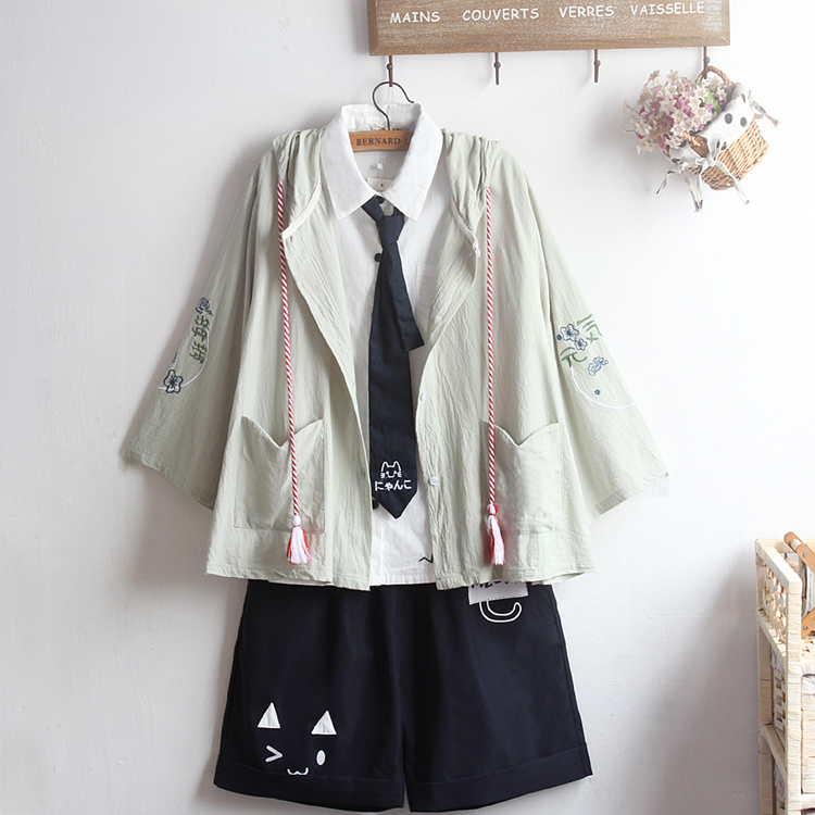 Unisex Chinese Style Sun Protection Clothing with Tassels, Tie-Up, Energetic Embroidery, Bell Sleeves, Cotton and Linen Thin Jacket and Shorts Set