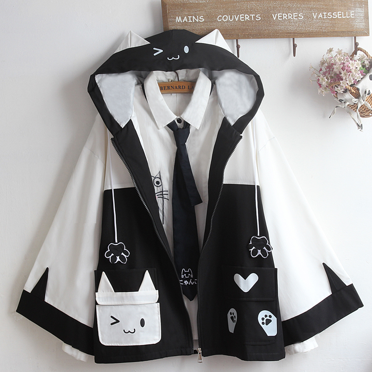 Unisex Cute Color-Blocked Bell-Sleeve Cape Spring and Autumn Jacket with Cat Pocket Print, Loose and Age-Reducing Cardigan