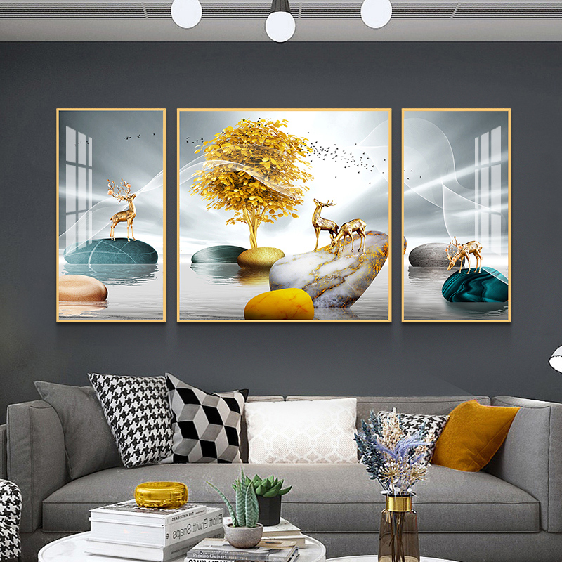 Nordic Light Luxurious Deer Living Room Decoration Painting Modern Minima Triple Hang Painting Sofa Background Wall Mural Bedroom Wall Painting