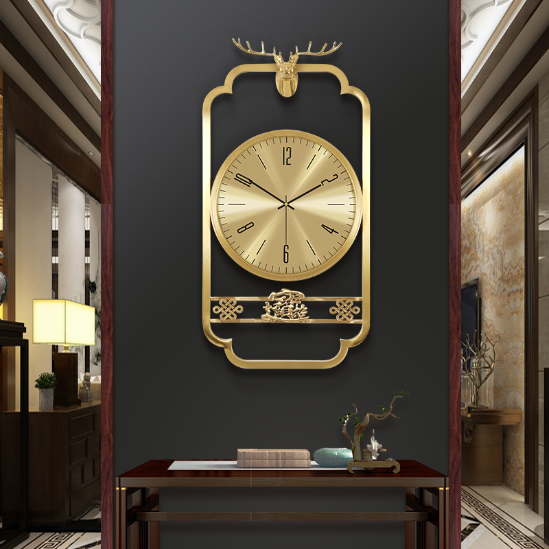 New Chinese pure copper high-end living room hanging bell Chinese wind home fashion watches and watches light extravagant deer head hanging table hanging wall clock