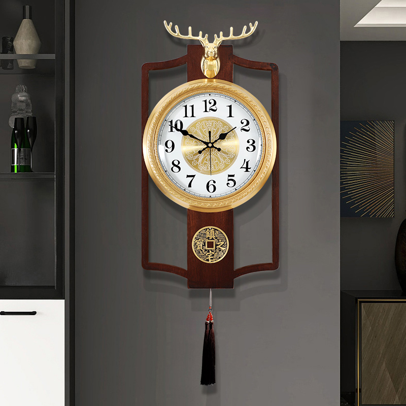 New Chinese foe deer hanging bell living room pure copper light luxury home hanging watch Chinese wind fashion atmospheric deer head hanging wall and watch