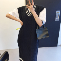 Large size vest dress women autumn and winter 2021 New Gentle wind V neck hemp pattern color knit knee long dress