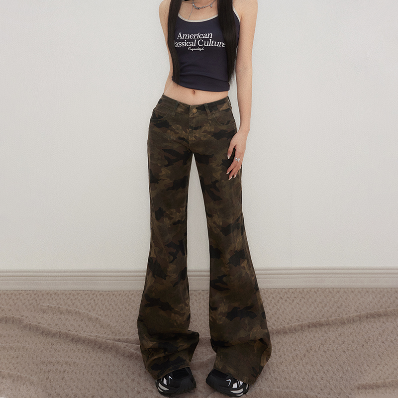 American-Style Hot Girl Workwear Camouflage Jeans 2025 Summer Thin Retro Low-Waist Slimming Non-Tight Flared Pants
