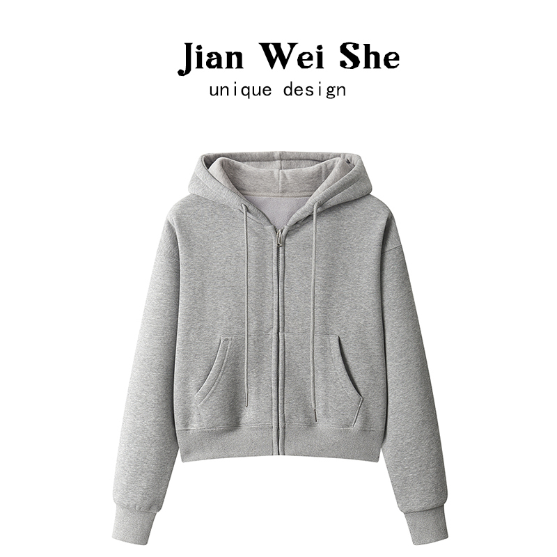 Autumn and Winter Gray Short Thin Jacket Sweatshirt for Women, Petite Loose Hooded Cardigan with Zipper, Fleece-Lined and Thickened Autumn and Winter Gray Short Thin Jacket Sweatshirt for Women, Petite Loose Hooded Cardigan with Zipper, Fleece-Lined and Thickened