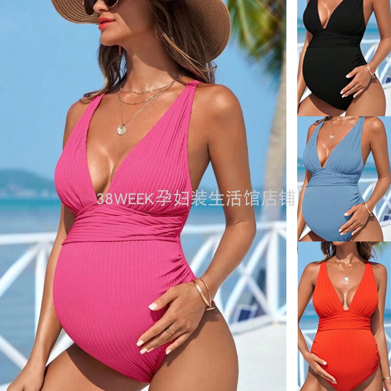 Maternity Swimsuit, High-End Red V Neck, Sexy Pleated, Slimming, Pregnancy Photo Shoot, Beach Swimming Vacation Bikini