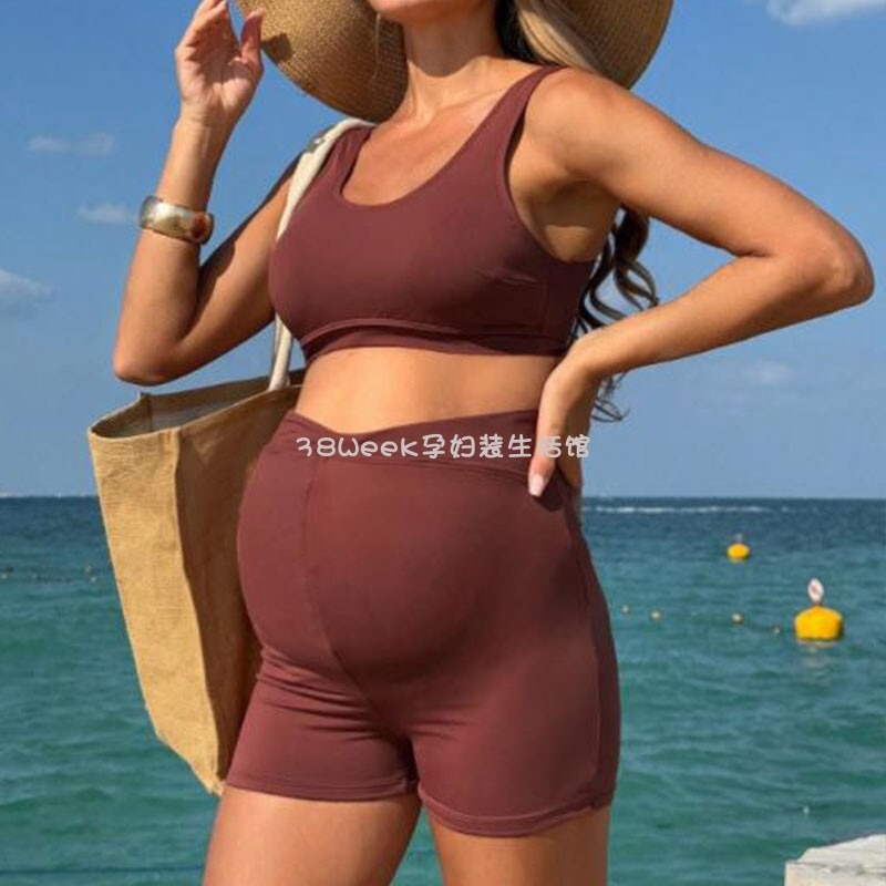 Maternity Swimwear Two-Piece Set with Tank Top, High-Waisted, Belly-Supporting, Conservative, Non-Constricting during Pregnancy