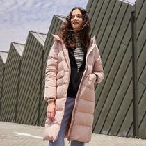 Snow Flying 2019 Womens Autumn and Winter Medium Long Solid Color Simple Fashion Big Pocket Hood Down Jacket