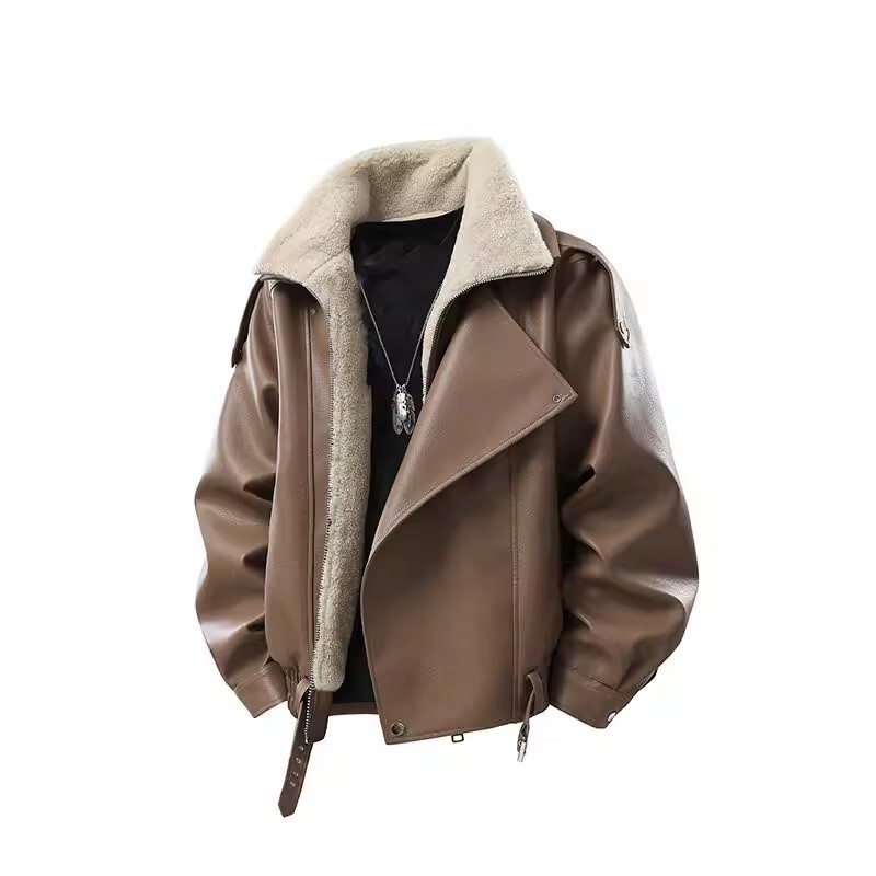 Fleece-Lined and Thickened Aviator Motorcycle Short Leather Jacket for Men, 2025 Winter, Mountain Eagle Lapel Jacket, Cotton Coat