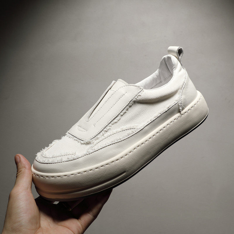 Male Shoe Tide Cards Summer New Breathable Genuine Leather Canvas Splicing Casual Shoes One Foot Pedal Small White Shoes Cloth Shoes Beggar Shoes