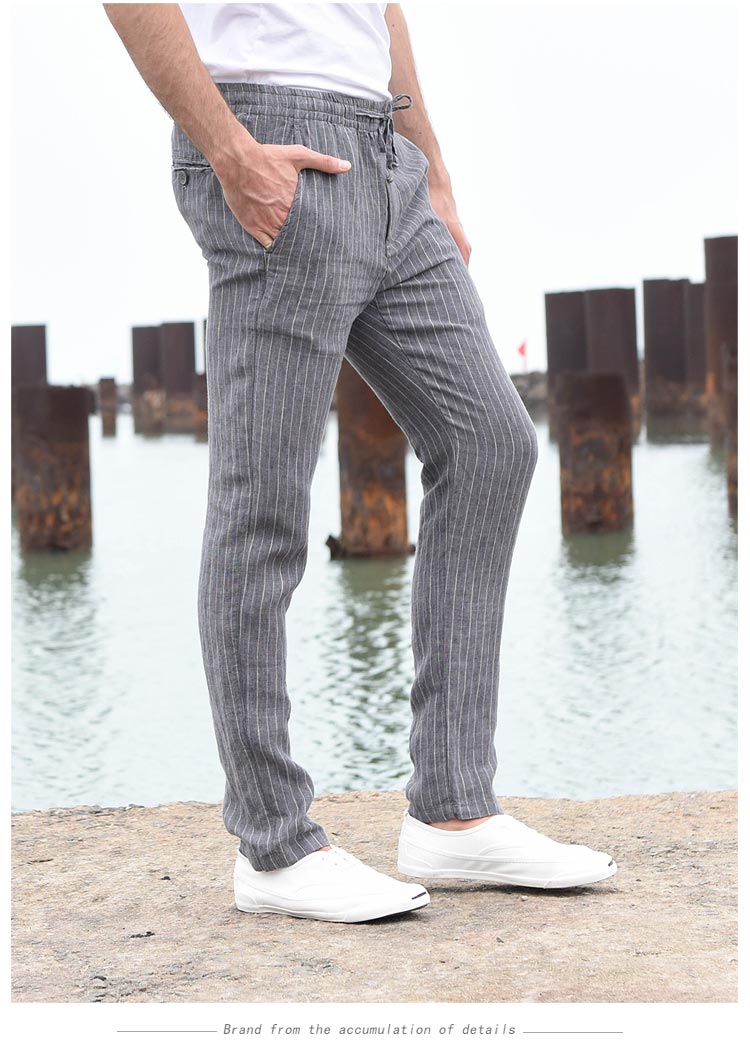 Han Xuchun mùa xuân và mùa hè dệt sọc kẻ sọc quần âu nam thẳng quần dài cotton cotton thoáng khí quần nam - Crop Jeans quần sịp