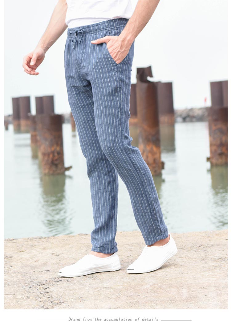Han Xuchun mùa xuân và mùa hè dệt sọc kẻ sọc quần âu nam thẳng quần dài cotton cotton thoáng khí quần nam - Crop Jeans quần sịp