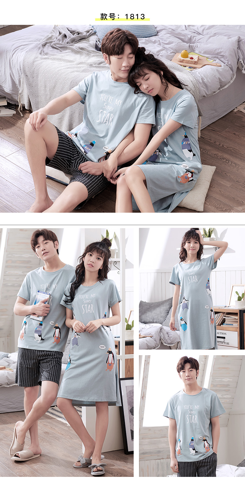 2 bộ của mùa hè các cặp vợ chồng đồ ngủ ngắn tay cotton Hàn Quốc dễ thương nightdress nữ mùa hè phục vụ nhà phù hợp với nam giới của phần mỏng bộ đồ thể thao nữ