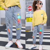 Girls  jeans spring and autumn 2021 new middle and large childrens Korean loose printed trousers childrens spring pants women