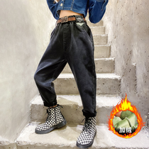 Girls  pants are worn outside in autumn and winter foreign style fashionable soft plus velvet jeans one-piece velvet loose black small-legged trousers