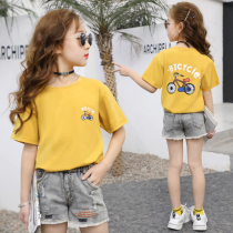 Girls  trendy brand suit summer 2021 new ten-year-old girl western style fashionable shorts childrens short-sleeved t-shirt two-piece set