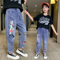 Girls  pants spring and autumn outer wear trousers Childrens autumn loose and casual middle and large childrens western style Korean jeans
