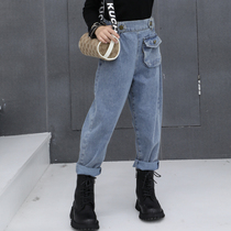 Girls  pants spring and autumn wear 2021 new middle and large childrens thin section autumn western style drawstring trousers childrens jeans