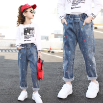 Girls  denim long pants spring and autumn Western style outer wear childrens autumn ten-year-old girl 8 loose radish autumn 9