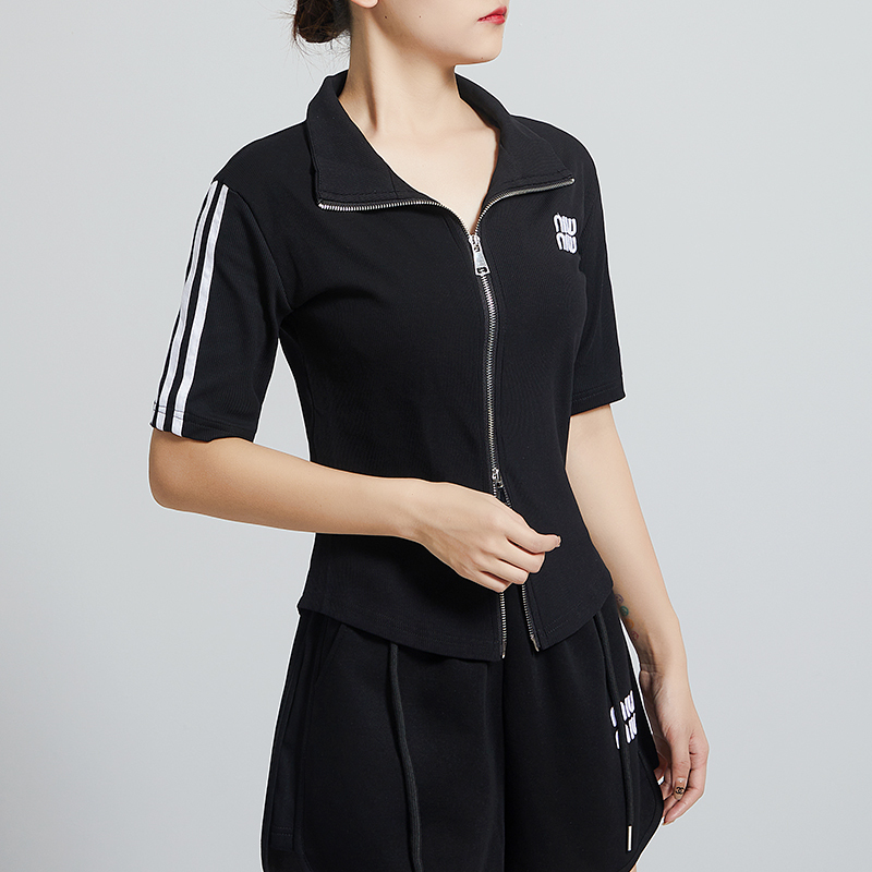 Letter Embroidered Stand Collar Women's Double Zipper Cardigan Pure Cotton Sports Slim Short-Sleeved T-Shirt Top Slimming Look Short Outwear Letter Embroidered Stand Collar Women's Double Zipper Cardigan Pure Cotton Sports Slim Short-Sleeved T-Shirt Top Slimming Look Short Outwear