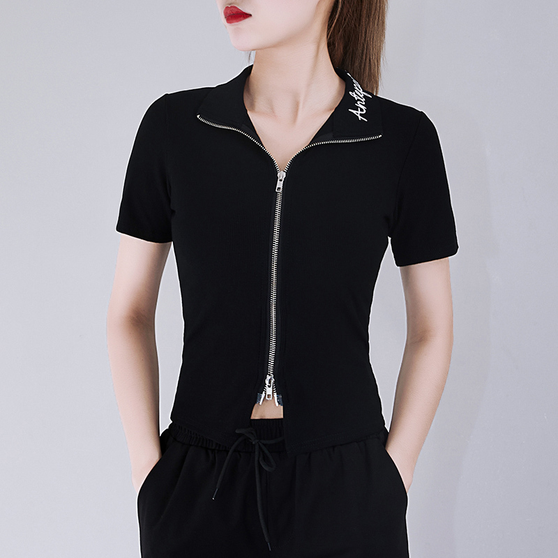 Short-Sleeved Women's Black Short-Sleeved Shirt T-Shirt Embroidered Zipper Cardigan Top Pure Cotton Ribbed Jacket Dance Short Jacket