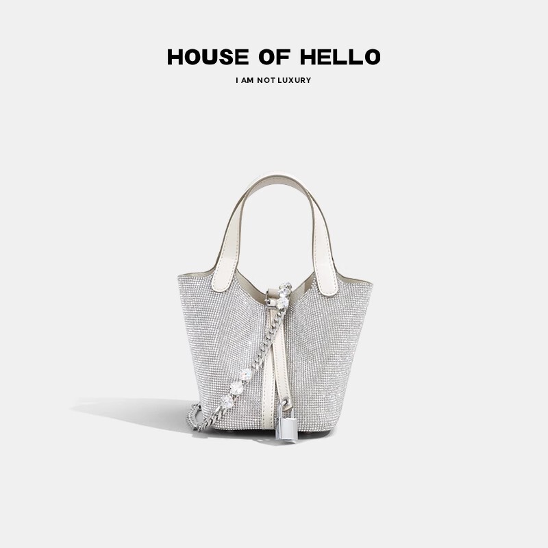 Houseofhello Light Luxury Full Diamond Basket Bag Women's Genuine Leather Large Capacity Tote Bucket Bag Niche Crossbody Small Bag