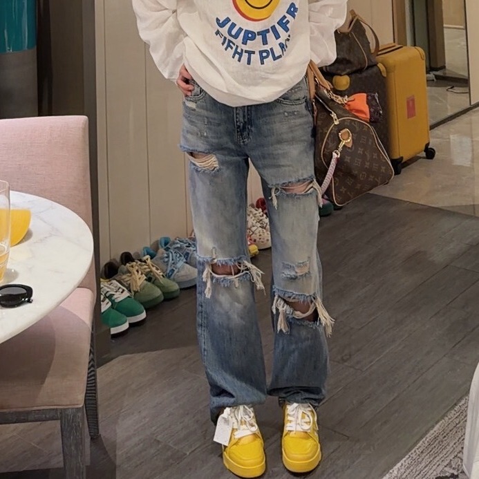 Ting Boss American-Style Ripped Versatile Blue Jeans 868-04 High-Waisted Straight-Leg Fashionable Distressed Casual Long Pants Trendy