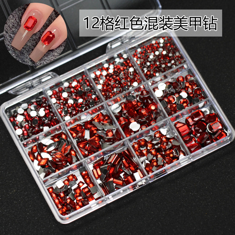12-Compartment Large Red Mixed-Shaped Nail Art Rhinestones Acrylic Flat-Bottom Nail Accessories Decorations