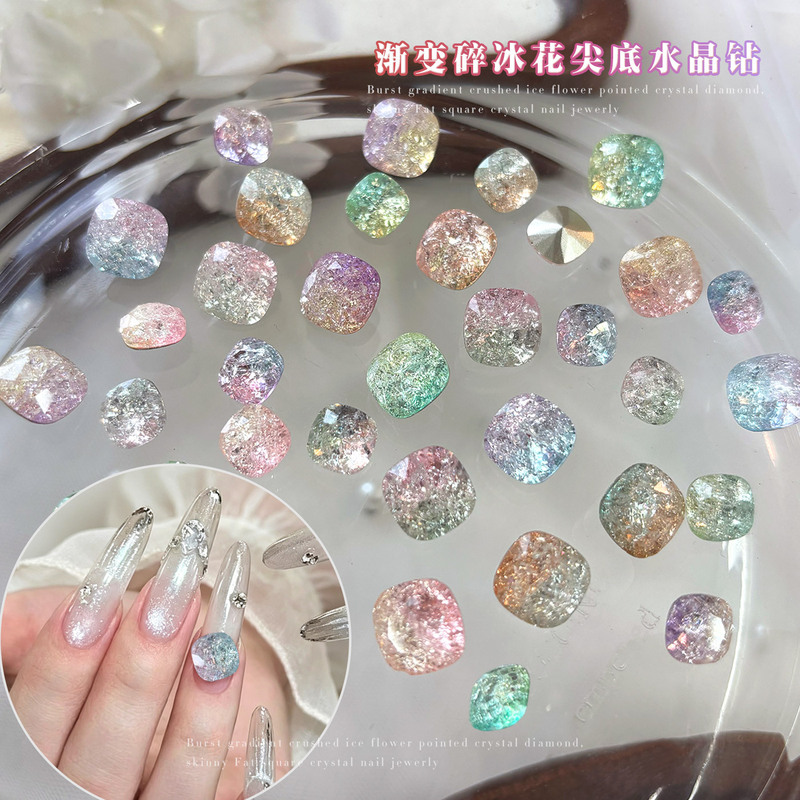 Gradient Square Ice Flower Nail Art Decorations, Crackle Pattern Colorful Pointed Bottom Nail Crystal Rhinestones, DIY Wearable Nail Accessories Gradient Square Ice Flower Nail Art Decorations, Crackle Pattern Colorful Pointed Bottom Nail Crystal Rhinestones, DIY Wearable Nail Accessories