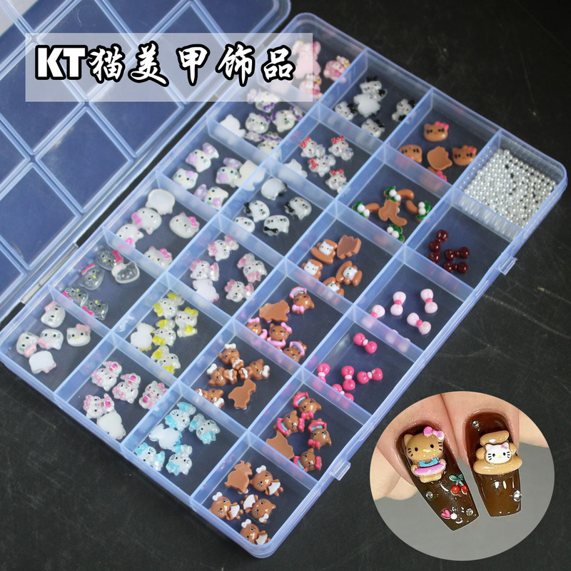 24-Piece Hello Kitty Nail Art Accessories, Trendy Cute Cartoon Bow Black Leather Kt Cat Press-On Nails with Rhinestones