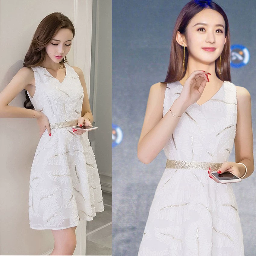 Ngôi sao Zhao Liying cùng quần áo mùa hè 2020 không tay mới vest lưới màu đỏ cổ chữ V đầm đầm cổ tích - váy đầm