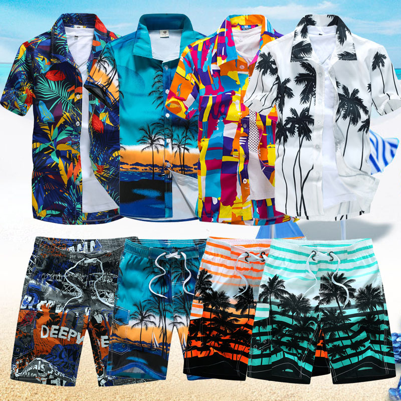 Maldives Summer Short-Sleeved Men's T-Shirt Men's Beach Shirt Loose Large Size Couple Beach Shirt Set Seaside