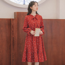  Early autumn skirt long-sleeved floral red love 2021 new autumn and winter ruffle thin bellflower dress autumn