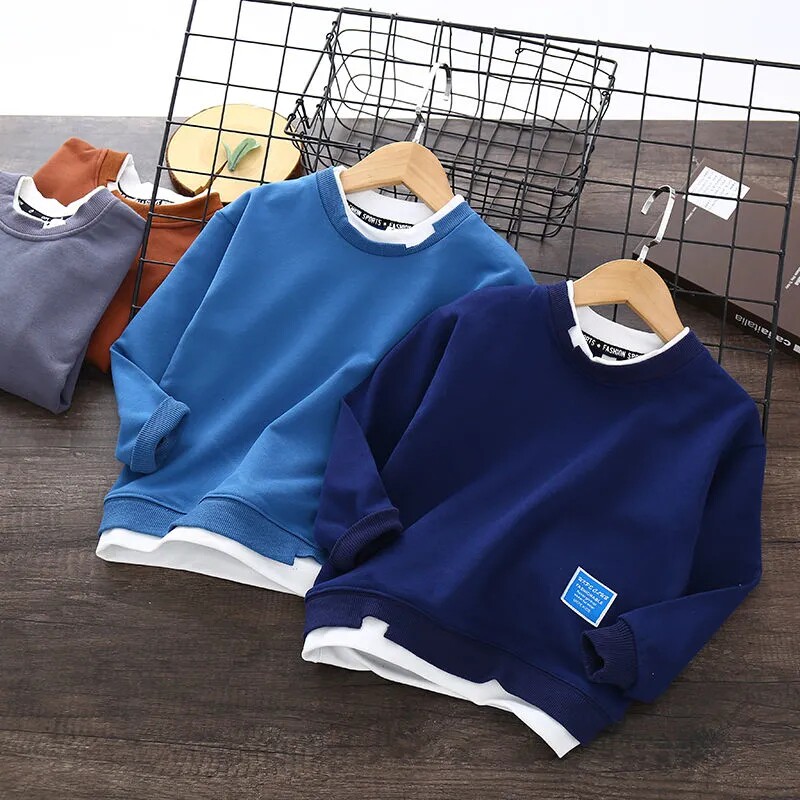 Boys' sweater 2021 autumn style children's spring style boy spring and autumn trendy style foreign style fake two pieces of pure cotton plus velvet for big children