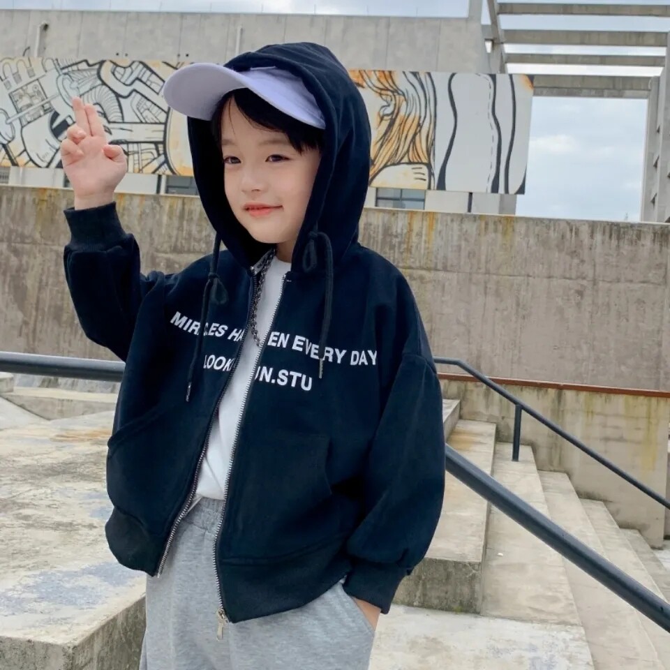 Boys Sweater 2021 Autumn Children's Spring Boys Spring and Autumn Hooded Cardigan Long Sleeve Letter Print Autumn Black