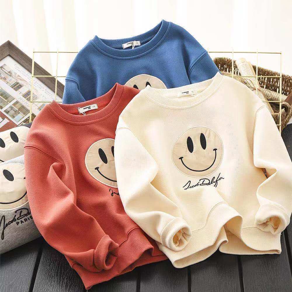 Boys Sweater 2021 Autumn Children's Spring Boys Spring and Autumn Middle and Big Children's Blue Korean Version Tide White Smiley Western Style