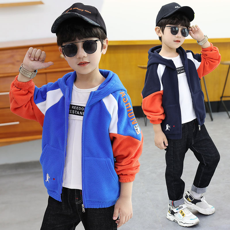 Boys Sweater 2021 Autumn Children's Spring Boys Spring and Autumn Hooded Cardigan Colorblocking Plus Velvet Thickened Jacket Zipper