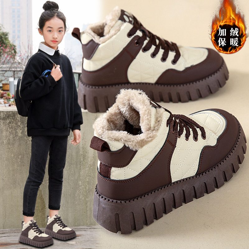 Girls' Snow Boots Winter 2025 New Model 10-Year-Old Girls' Large Cotton Shoes with Extra Fleece and Thickened 12 Snow Cotton Martin Boots