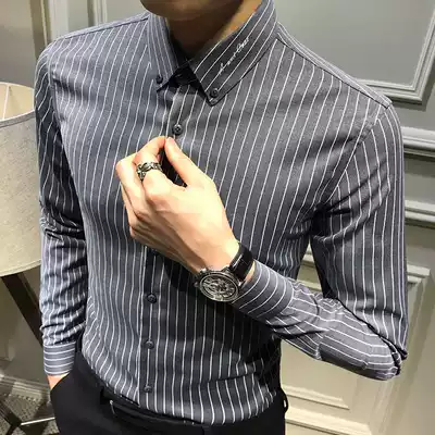 Summer new striped men's shirt long-sleeved Korean slim-fit all-match trend shirt youth handsome ironing-free men's clothing