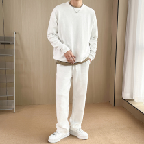 Leisure sports suit mens spring and autumn new Korean ins trend solid color loose waffle sweater two-piece set