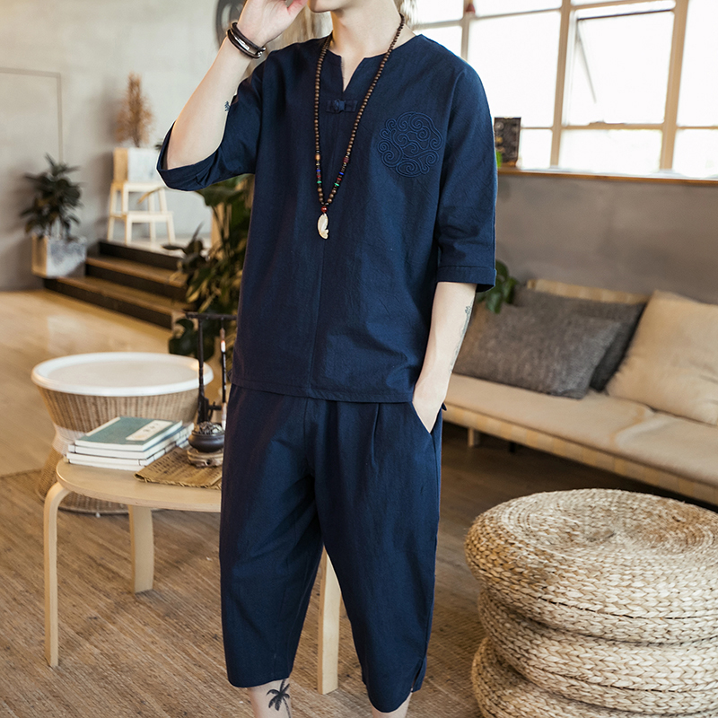 2022 Summer new Chinese wind linen suit men loose large size for casual thin cotton linen two sets of donts
