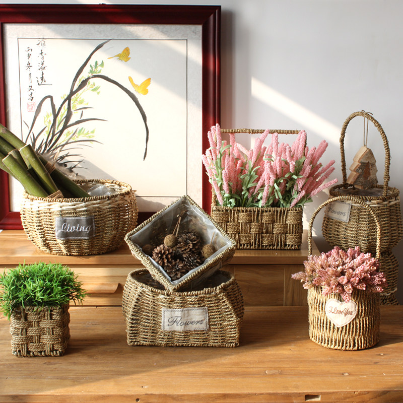 Rattan open hanging basket Fake flower basket Teng woven flower pot Pure hand-woven grass willow hanging basket Vintage flower basket