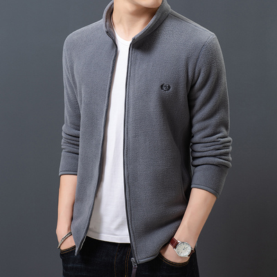 秋装薄款户外夹克男立领运动跑步抓绒衣男休闲摇粒绒外套宽松大码