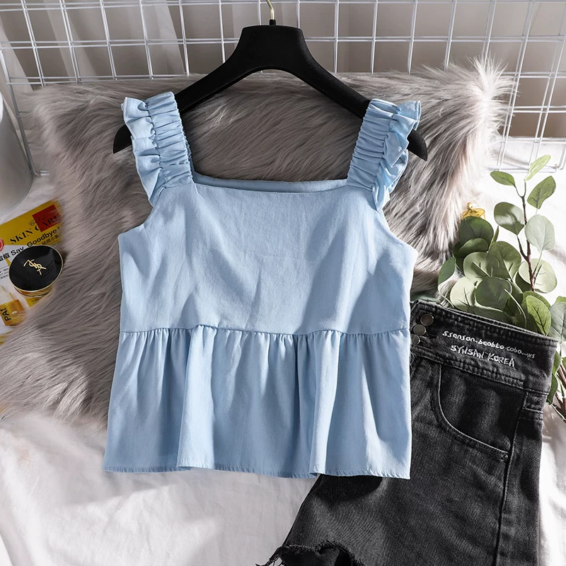 T-shirt, top with cups, tank top, fresh underwear as outerwear, blue straps sleevless, loose fit