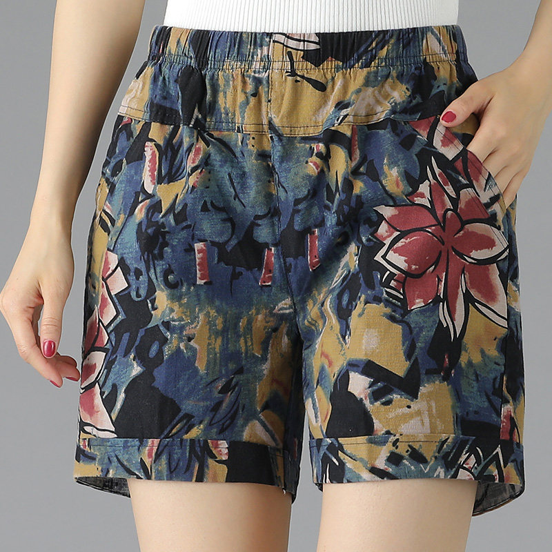 Middle-aged Mama external wearing shorts Summer cotton linen for elderly Flowers Casual Straight Drum Summer Clothing Easy 50% Pants