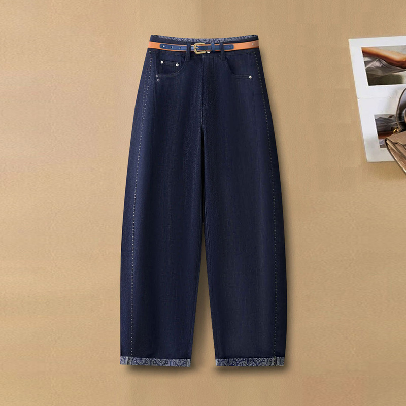 Denim Blue Scimitar Jeans for Women, Spring and Autumn 2026 New Style, High-Waisted, Loose, Dark Blue, Cropped Balloon Pants