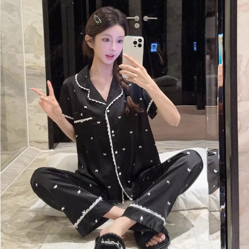 Cardiac Ice Silk Pajamas for Women, Summer Short-Sleeved Long Pants Set, Sweet Black New Style, Can Be Worn Outside as Loungewear